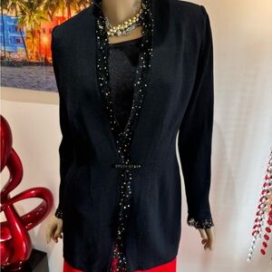 St. John Black Beaded elegant lace trim  Jacket 6 twinset embellished